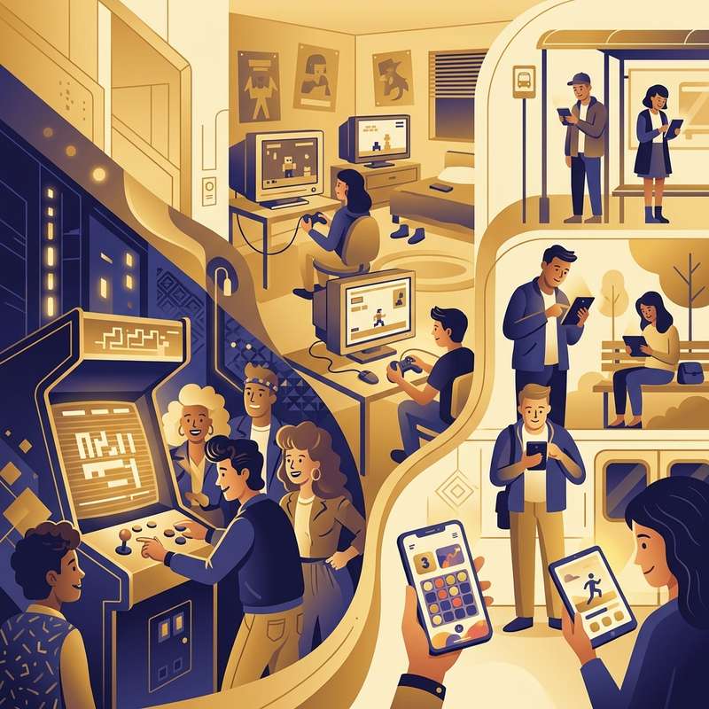 Redaktionelle Illustration zur Geschichte der Social-Spiele auf Handys und Retro-Bildschirmen